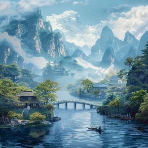A mobile phone wallpaper in the Chinese style, featuring mountains and rivers with small bridges and flowing water, trees on the shore of an ancient town, and someone rowing a boat across the river. The background is blue, with some clouds floating above it. It has high definition resolution, high quality images, and a sense of depth.