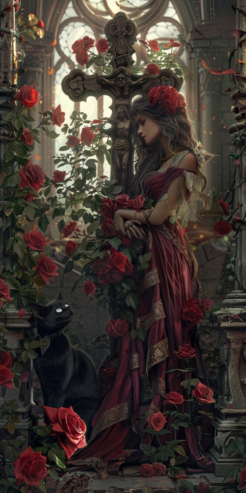 玫瑰花爬满城堡女孩子拿着巨大玫瑰十字架和一只黑猫