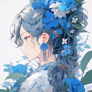 蓝头发古装，背景海棠花