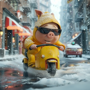 4k,一只小猪，身穿黄色美团外卖服，头戴头盔，带墨镜骑上电动车，在大雪纷飞的城市街道中疾驰送餐，表情着急，全身镜头，周围镜头模糊虚化，3D迪士尼风格。