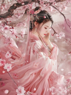 女神，粉色衣纱裙，桃花，阳光，明媚，白月光