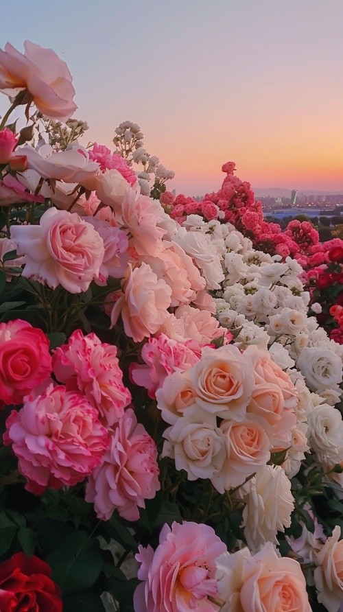 晚上，真实场景拍摄1000朵美丽浪漫的粉白玫瑰绽放，美丽的花朵清晰可见，白色和红色的花朵，蓬松柔软的花瓣，两边是许多花朵，夕阳的天空，远处是城市，折射粉红色的光，超逼真，超真实，摄影，魔幻，梦幻，清晰，8k，虚幻，由宫崎骏高清拍摄