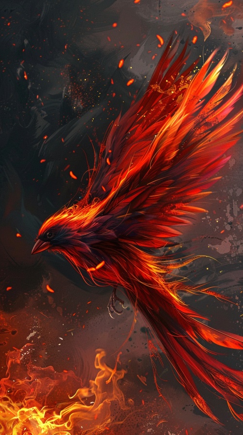 神兽朱雀，类似凤凰，鲜艳的火红色羽毛，如同燃烧的火焰，飞翔时犹如一团火球划过天际，尾羽长而华丽，眼神炽热而深邃，喙部尖锐有力，熊熊火焰的背景，线条清晰，细节清楚
