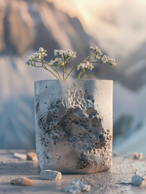 设计一只方形的陶瓷花瓶，花瓶上呈现冰岛的地貌加上土地的质感，背景没有其他物品