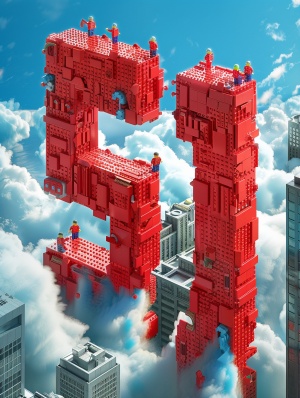 红色数字“51” 由一幢乐高风格的办公楼筑成，上班族以乐高的风格在云端建造，旁边是一些城市建筑,背景是蓝天,3D 渲染，视角很高。现场包括繁忙的上班族路人,细节丰富,色彩鲜艳🌟模型：神思绘韵🌟风格：默认🌟尺寸：3:4