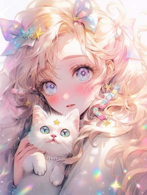 This is a close-up of a girl with golden curly hair, big anime eyes, starry sky eyes, sparkling eyes, wearing cute candy, rainbow hairpin, golden and white lace edge blouse, holding cute white cat, bow knot, warm color background, ultra HD picture quality, natural light, laser suit,