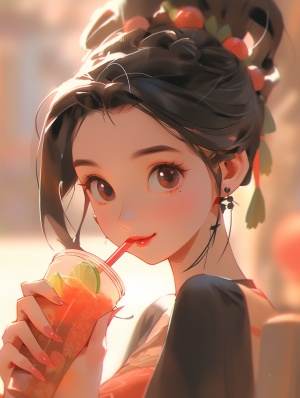 古灵精怪，可爱的中国少女，笑容甜美，在用吸管喝饮料，卡通头像