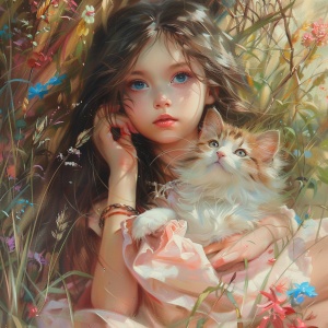 猫与人，少女清纯可爱，蓝色双眼，灵动活泼，棕茶色长发，背景在自然中，有留景