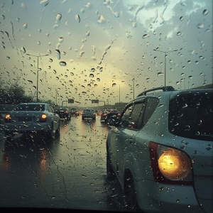 一张在多哈高速公路上SUV内部拍摄的雨景照片，使用iPhone相机并以iPhone风格拍摄。