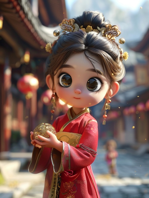 一个五岁的中国女孩穿着红色的汉服，非常可爱，有一头银白色的蓬松的长头发丸子，且有一双浅蓝色的眼瞳，同时拥有一张可爱美丽的圆脸。她双手上捧着金元宝，抬头望着天空，自信、迷人、古色古香、CG渲染、CG渲染，全景，远景