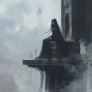 坐在高台青铜王座的黑发女皇帝，周围都是灰色雾气