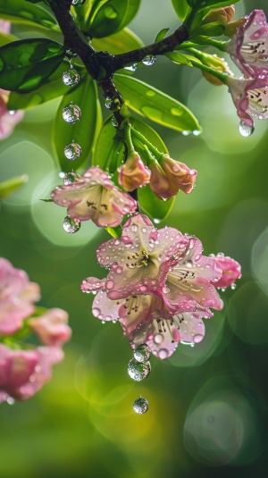 水珠，一枝杜鹃花长长吊垂，背景绿色虚化，画面通明透亮， v 6.0 ar 9:16