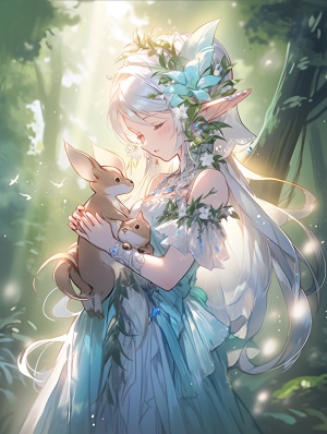 白色头发，蓝色精灵拟人，仙气飘飘的淡蓝色长裙，拿着花，在森林里，周围有小动物