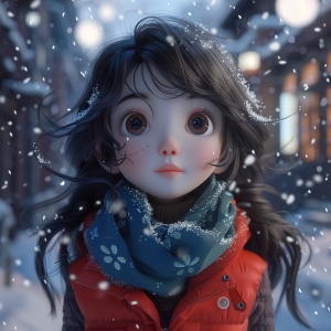 冬天，大雪，最高画质，杰作，精美的cg，萝莉偏正脸，可爱精致的鼻子，大眼睛，抬头望着天空，精致的嘴唇，棕色长发，黑色瞳孔，光影背景，朦胧的光影笼罩全身，全身像，围巾，画面居中，超高清，16K一个女孩站在满是大雪的小院，穿着红色卫衣，卫裤，带着蓝色的花围巾，大大的眼睛，长长的睫毛，棕色眼睛，精致五官，黑色长卷发，花色发夹，正面照，开心的的表情，近景照8k超高清画质,夜景，远去天空中挂着圆圆的月亮，全身照！！！