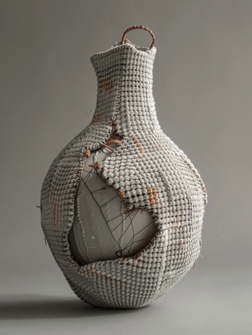 灰白色毛线钩织的陶瓷花瓶，针织感强，造型奇特，有褐色的破布补丁，图案像是一件乞丐服