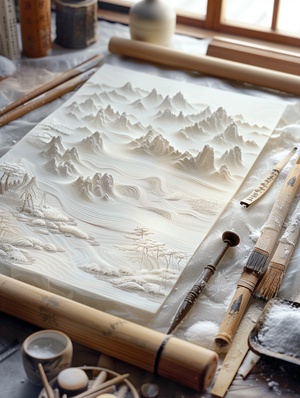 A piece of paper is spread out on the desk, with landscape painting patterns carved into it by carving tools and ink washers. The scene includes an exquisite wooden frame for display. In front of you lies a white cloth covered in a layer of mountains, sea waves, misty clouds, sunlight shining through them, and scattered snowflakes. This artwork combines traditional techniques such as woodcarving and calligraphy to create delicate textures in the style of Chinese landscape paintings. ar 3:4