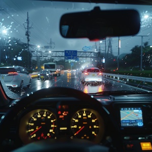 手机拍摄的SUV车内视角照片,这是在夜晚的日本高速公路上。正在下雨,后面有很多车。前挡风玻璃显示另一辆车的头灯已经关闭。看起来我正驾驶一辆白色尼桑牵引杆在乡村道路上行驶,2019年发布在Reddit上,风格类似K。