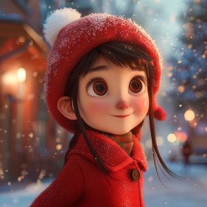 在一个冬天的季节，一个可爱的女孩，戴着可爱的红色天鹅绒帽子，穿着红色的外套，丰满的身体，站着，明亮的大眼睛，甜美的笑脸，圣诞场景，蓬松的雪，皮克斯风格，柔和的电影灯光，8K，辛烷值渲染-AR3:4Niji5