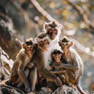 一座猴山，六只猴子，一个猴宝宝，一对猴爸妈，一对猴爷爷猴奶奶，一个老猴子，真实摄影，高清
