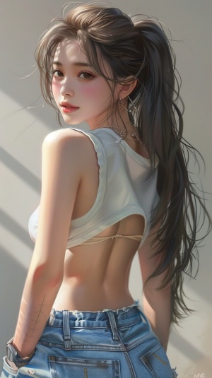 一个20岁的中国女孩，长头发，身材好，长腿，白色背心，牛仔短裤，高细节，侧身回眸一笑百媚生