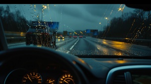 伦敦高速公路上SUV内部拍摄的雨景照片，使用laica 50mm 0.95