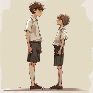 两个穿着校服短裤短袖的男生在面对面比身高，一个男生比另一个男生高了大半个头