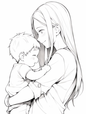 Figure sketch, black and white line stick drawing, No shadow, the mother holding the 2-year-old son's gentle smile, clear and smooth lines, No light, no shade, single line niji 5