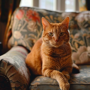 一只橘猫，蹲在沙发上
