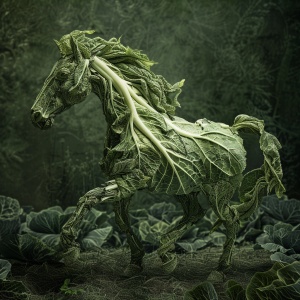 由卷心菜制成的马,绿色背景,幻想风格,高清摄影,奇幻世界