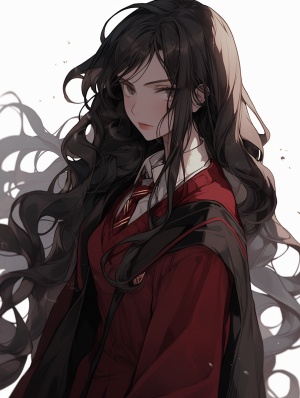 一个女孩，黑色长发，棕色眼睛，穿着红色领带和黑色为主体的巫师袍，霍格沃兹，格兰芬多