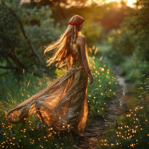 一位美丽的少女，金色长发上束着红色发带，穿着金丝银线缝成的长裙礼服和金舞鞋金，走在绿草地间的小路上。闪闪发光的夕阳，映照着她。