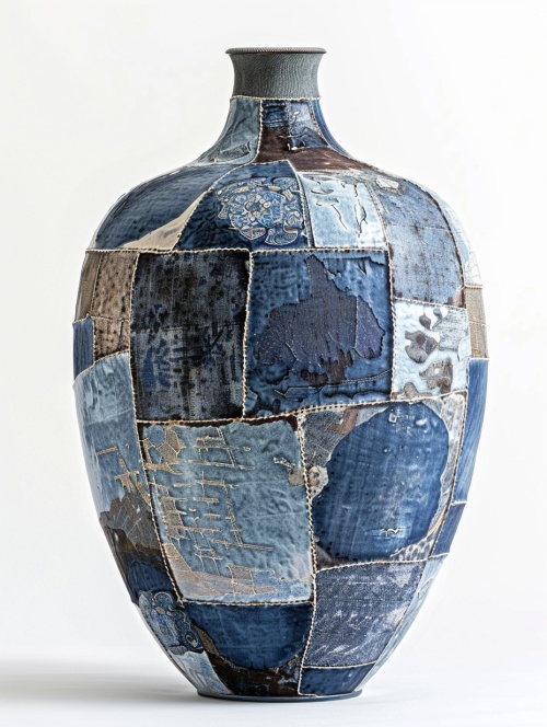 由青色，灰色，黑色麻布拼接成的陶瓷花瓶，类似补丁的质感，花瓶造型奇特有创意，表面呈现乞丐服打补丁的感觉，背景干净无其他物品