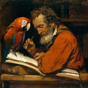 一只鹦鹉毛茸茸地站在一个正在读书写字的男人肩膀上闭着眼睛睡觉。