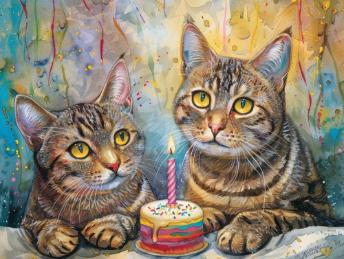 两只短毛虎斑猫过生日，黄色的眼睛，帅气公猫，身旁有生日蛋糕，举行的很隆重，毛发细腻化，明显笔触，超多细节，超高清，写实水彩风，背景写上美妙