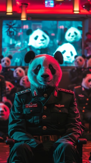 undefined A panda wearing a military uniform is sitting in front of the screen, with many pandas behind him and on both sides watching TV shows. "I also need to do one for me." The scene was filmed in the style of an iPhone camera, with high-definition photography. Screenshot from phone photo posted on WeChat group, full body shot, shot at eye level, 20mm lens, f4, sharp focus, cinematic, accent lighting, global illumination. v 6.0 ar 9:16