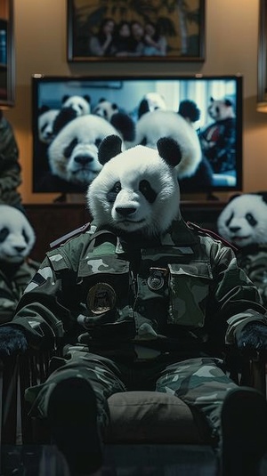 undefined A panda wearing a military uniform is sitting in front of the screen, with many pandas behind him and on both sides watching TV shows. "I also need to do one for me." The scene was filmed in the style of an iPhone camera, with high-definition photography. Screenshot from phone photo posted on WeChat group, full body shot, shot at eye level, 20mm lens, f4, sharp focus, cinematic, accent lighting, global illumination. v 6.0 ar 9:16