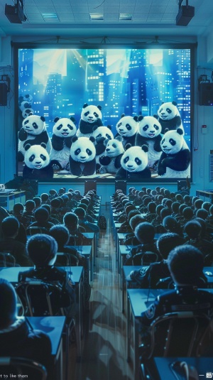 A photo of an army classroom full of pandas wearing black uniforms sitting at desks watching the movie "I also want to be like them" on a large screen, posted on the Chinese social media platform WeChat with many cute panda pictures as the profile picture, taken in the style of iPhone X, posted as a phone wallpaper. ar 57:128