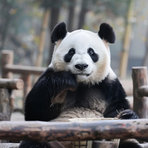 可爱的大熊猫，黑白相间的毛发，圆滚滚的身躯，独特的眼睛，福相十足的表情，吃状的姿势，令人心生亲近。身上的斑纹和肥胖的身材，展现出了它的慵懒与憨厚，宛如一位温柔可爱的大自然代言人。