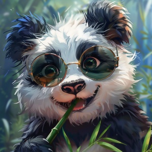 一只幻化成型的熊猫，他有一头黑色的头发，精致的脸，还有个墨镜，他笑着，笑的很灿烂，手里捧着个竹子