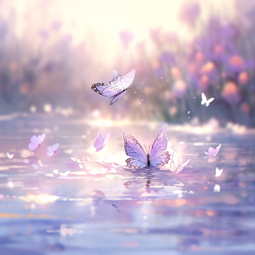 一幅蝴蝶在水面上飞翔的美丽场景，以浅紫色和白色为主调，营造出空灵的风景，使用Octane渲染，柔和的粉彩色调，如梦似幻的意象, 蝴蝶，倒影，没有人，景深，水，涟漪，模糊的前景，花瓣，光粒子，散景，风景