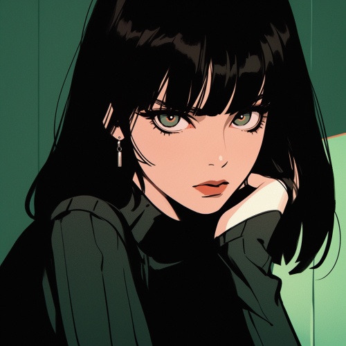 一个有着黑色头发和刘海的复古日本动漫女孩，以 20 世纪 80 年代日本动画的风格描绘。她目光锐利，穿着深色衣服。背景简单而黑暗，以突出她的特征。