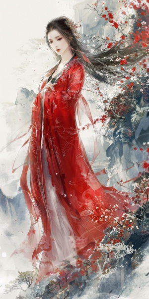 风吹拂着崇山峻岭，一个身披华丽红袍的女子，名为八重神子，犹如仙境中降临的女神。她长发盈袖，宛如瀑布般银白，散发着令人沉醉的清香。她清澈的眸子闪烁着智慧的光芒，仿佛能穿透岁月的沧桑。多彩的花朵绽放在她周围，凝聚成一圈圈华丽的花环，给她的身影增添了一丝神秘与娇艳。她轻盈地站立在青石小径上，俏皮的微笑勾勒出纯真而独立的女性化。