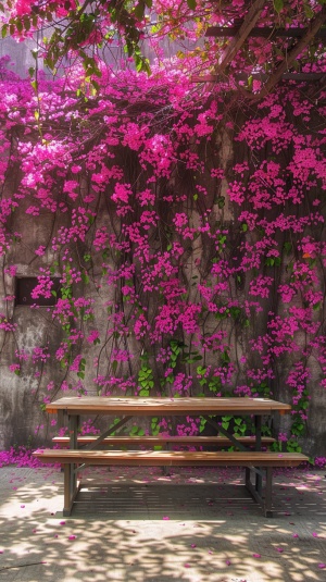 学校的墙上挂满了粉紫色的茉莉花，上面放着一张露天的长椅。画面质量具有很高的分辨率和细腻的细节。它使用真正的摄影技术来捕捉夏天大自然的美丽，温暖的阳光透过树叶洒在桌子和长椅上。这张照片展示了精致的花卉纹理和充满活力的色彩，为学生们在课间休息时间营造了一个宁静的氛围。真正的摄影风格。啊2:3
