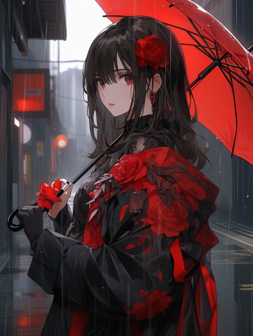 红色玫瑰裙子，黑发披散，明媚张扬中带有清冷的美人，背景是雨夜人影交错