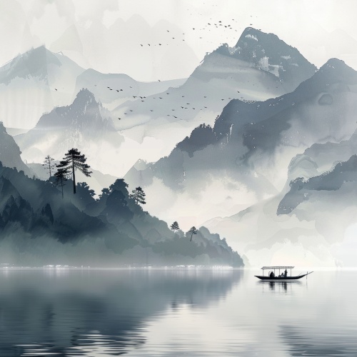 水墨画湖景，轻舟以过万重山，晨雾轻飘，运山近水。8K画质。