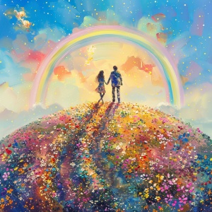 一对情侣互相手拉着手站在开满小花朵的山坡上欣赏七色彩虹！远景