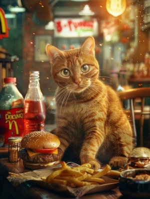 一只胖橘猫，坐在汉堡店里吃汉堡，双层牛肉汉堡，薯条，汽水，真实照片，单反摄影，超高分辨率，影棚光，