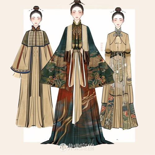 三套正面新中式服装设计效果图，包含蒙古族服装元素。