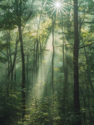 早晨，阳光投过绿色的树林投下一道道光束，丁达尔效应，超级写实，高清摄影品质，超清摄影镜头，Nikon 尼克尔 Z 40mm f2（SE）镜头，2亿像素，32k分辨率。