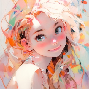 prompt:Thick acrylic and oil illustration,Acute kawaii girl with big eyes and goldenhair over shoulder,a colorbutterful,grin,happy,sunny,romantic andplayful innocence,loose and smooth,in thestyle of Amanda Sage,Agnes Cecile,details